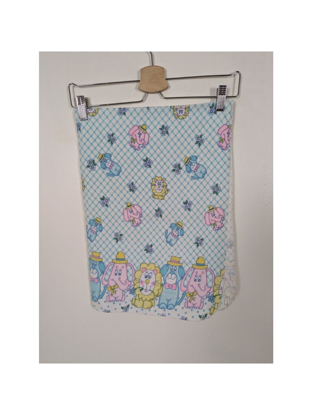 Vintage Baby Blanket 80s Thin Elephants Lions Dogs Bright Pastels 26x38 in
